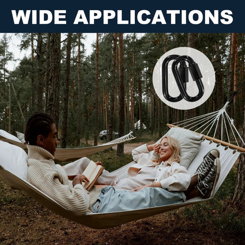 Relaxing in hammock secured with 50 Pack 2 Inch Quick Links And M5 Locking Carabiners Set In Black Galvanized Steel Heavy Duty Chain Connectors