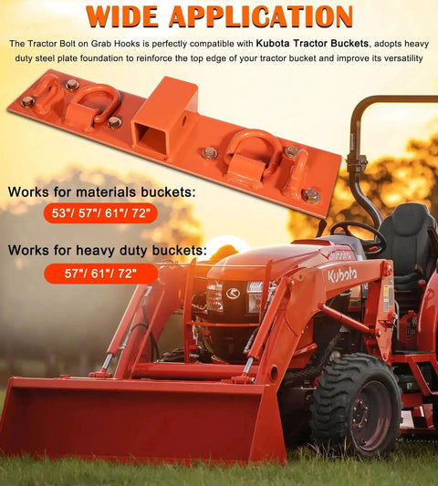 Bolt On Tractor Grab Hooks For Kubota Buckets With D Rings 2In Receiver Orange, installed on Kubota tractor bucket.