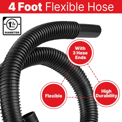 Beefy 4 Ft Vacuum Hose 1-1/4 Inch Diameter For Wet Dry Vacuums Durable Black Replacement Universal Fit High Durability