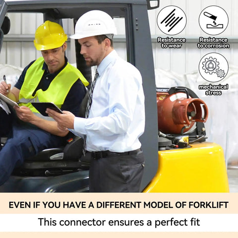 Technician discussing next to forklift showing RE7141F Forklift Propane Tank Connector Female Fitting Adapter Valve Leakproof installed