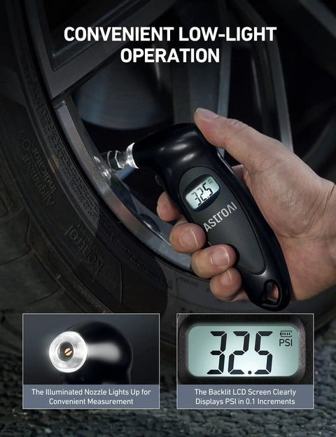 Digital Tire Pressure Gauge 0-150 PSI With Backlit LCD Accurate 0.1 PSI Increments Presta Valve Adaptor 4 Units Of Measurement AAA Battery Powered Car Truck Bicycle Black in hand checking tire pressure.