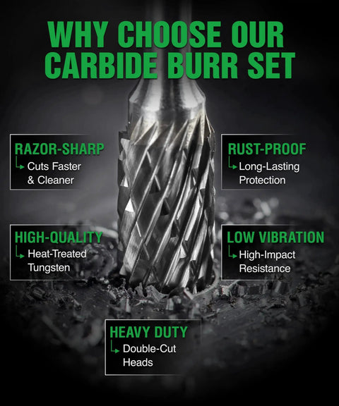 Close-up of carbide burr from 10 Piece Carbide Burr Set With One Quarter Inch Shank And Clear Storage Box 8mm Head Diameter Die Grinder Bits Kit