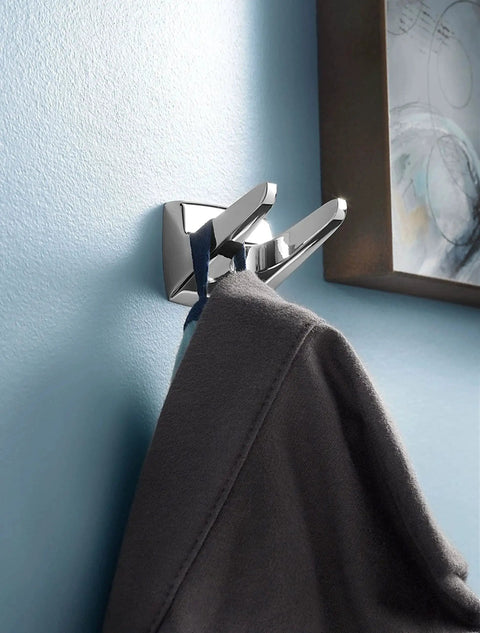 Donnor Collection Chrome Wall Mount Hand Towel Ring 6.25 Inch Diameter for Contemporary Bathrooms installed with towel hanging.