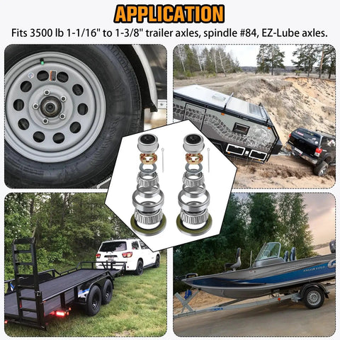 Two Pack Beefed Up Heavy Duty Trailer Hub Bearing Kit For 3500 Lb EZ Lube Spindle One Three Eighths To One Sixteenth Inch Boat Trailer 84 Spindle Includes Inner And Outer Bearings, Races, Dust Cap, Grease Seal, Rubber Plug, Spindle Nut, Cotter Pin, Washer with application in trailers and boats