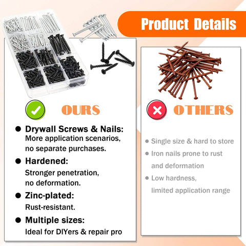 Nails And Wood Screws Kit With 320 Pieces Size Six And Size Eight Philips Drywall Screws Black Finish For Picture Hanging And Diy Repairs High Hardness Hardware Small Nails For Home Improvement Projects One Half To Two Inches organized in a compartment box, comparison with iron nails.