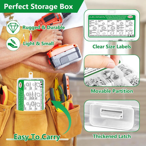 Washer assortment kit in a compact organizer case, 1147 stainless steel lock washers in nine metric sizes M2–M12.