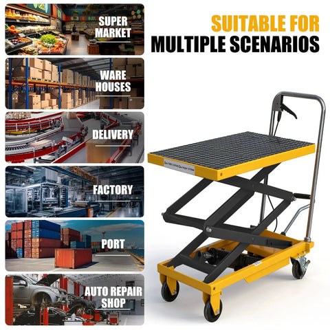 Hydraulic lift table cart by Amazon with four wheels, 330 lb capacity, 49.6 in lift, yellow/black, non-slip platform