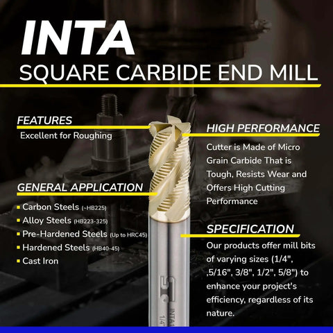 Carbide Roughing End Mill For Alloy Steels And Hardened Steels With ZrN AlTiBN Coating Micro Grain Carbide Four Flute End Mill One Quarter Inch Shank Precision Metalworking Tool in a metalworking environment.