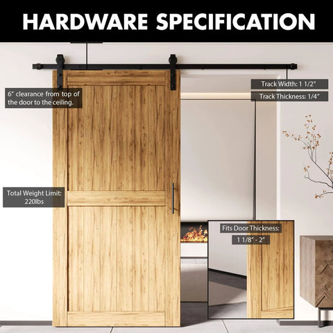 Black Rustic Non-Bypass Sliding Barn Door Hardware Kit For One Door, 8Ft Long Flat Track With Classic Roller Design installed
