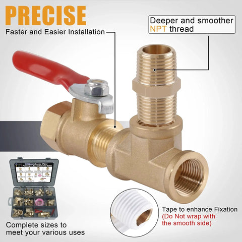 105 Piece Brass Pipe Fittings Set With NPT Adapters featuring brass tee with ball valve and hex nipple, shown with case overview.