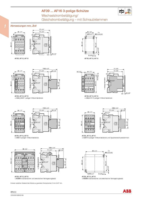 Technical diagram of AC coil contactor AF16-30-10-13 1SBL177001R1310 with dimensions and installation details.