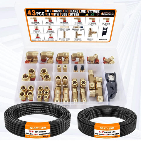 43 Pcs Brass DOT Air Line Fittings Kit With Fifty Feet One Quarter Inch And Thirty Two Point Eight Feet Three Eighths Inch DOT Air Hose, includes connectors
