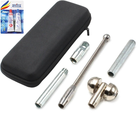 Workhorse Half Inch 1000 Foot Fiberglass Duct Rodder Kit component pieces including eye tip, flexible guide, threaded tip, and repair parts