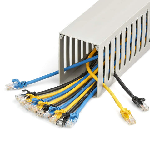 Open Slot Cable Management Raceway With Cover For Office And Server Rooms Heavy Duty PVC Wire Duct Hider with cables visible