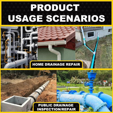 Product usage scenarios for 2 inch to 20 inch inflatable pipe plug for sewer testing with accessories in drainage repair settings.
