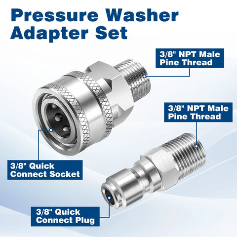 Pressure washer adapter set: two stainless steel 3/8 inch NPT quick-connect fittings (plug and socket).