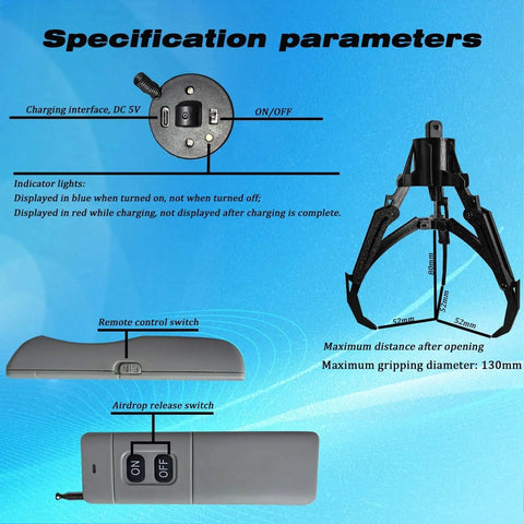 Universally Drone Airdrop System With Mechanical Claw Payload Release showing remote, charger, and grip specifications.