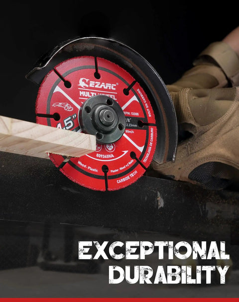 3 Inch Carbide Cut Off Wheels Set For Angle Grinders cutting through wood with nails, showcasing durability and efficiency by EZARC.