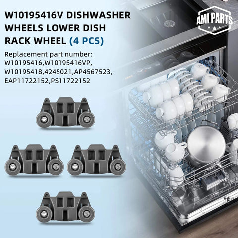 Lower Dishwasher Rack Wheel Kit W10195416V W10195416 4245021 AP4567523 Replacement Wheels for KitchenAid Kenmore Maytag shown with open dishwasher
