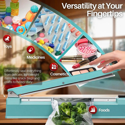 20 Inch Impulse Sealer With 750W Heating sealing broccoli in a bag, demonstrating versatility for toys, medicines, cosmetics, foods.
