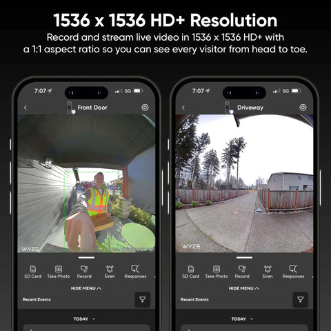 Battery Video Doorbell Wireless Camera Cordless With 1 To 1 Head To Toe View And Color Night Vision 150 Degree Ultra Wide Field Of View 2 Way Audio Monitors People Vehicles Packages Wire Free Or Wired showing app interface with two video feeds