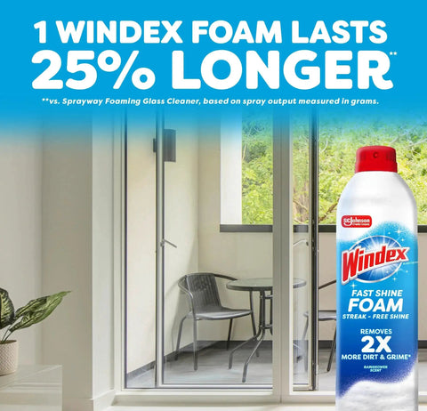 Fast Shine Foam Glass Cleaner No Drip Aerosol Spray 19 Oz Pack Of 2 in front of large glass doors and patio.