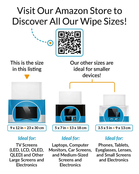 Size options for XL Screen Cleaning Wipes For TVs And Monitors Lint Free Streak Free 60 Wipes with QR code