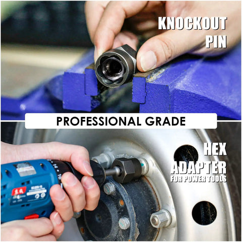 Heavy Duty Bolt Extractor Kit For Damaged Nuts And Bolts 18 Piece Set With Three Eighths Inch Drive Lug Nut Removal Tool For Rusted Stripped Fasteners Made Of Chrome Molybdenum Steel Thinkwork showcasing knockout pin and hex adapter during use.