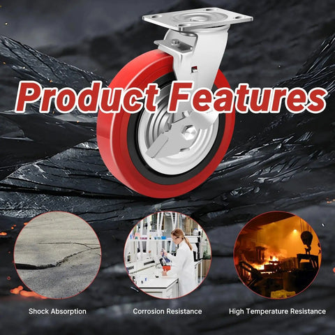 8 Inch Heavy Duty Industrial Caster Wheels Set Of 4 With Dual Ball Bearings Solid Polyurethane Wheels 6000 LB Capacity Plate Swivel Casters For Cart Machine Industrial Applications showing shock absorption, corrosion and high temperature resistance features.