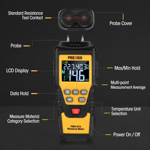 7 In 1 Digital Wood Moisture Meter For Firewood And Woodworking Pin Type Tester, showing labels of features and functions.