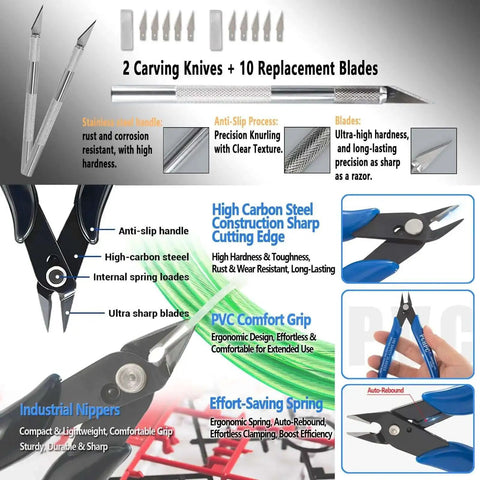All In One 82 Piece 3D Printer Tool Kit In Durable Case With PTFE Cutter Deburring Tools and industrial nippers on display.