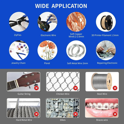 5 Inch Micro Flush Cutter 2 Pack Spring Loaded Wire Cutters For Jewelry Making Electronics And Model Craft Pro Grade Precision Pliers For Soft Copper Wire Floral Heating Wire And 3D Printing featured with various applications including zipties, electronic wire, and jewelry making.