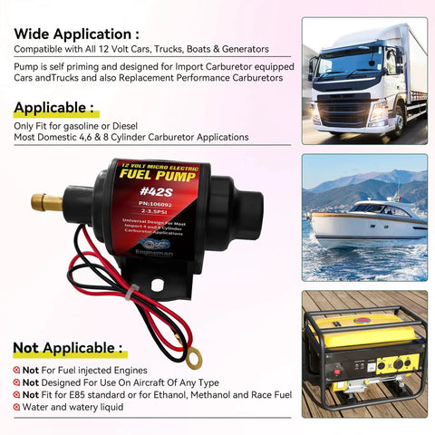 Gasoline Electric Inline Fuel Pump 12V Universal with Five Sixteenth Inch Inlet Outlet, Low Pressure 2 To 3.5 PSI for carbureted engines.
