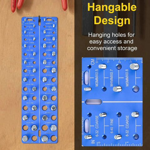 30 In 1 Nut And Bolt Thread Checker All In One Standard And Metric Thread Gauge Tool with wall-mountable design and ruler.