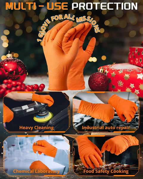 9 Mil Heavy Duty Orange Nitrile Gloves With Raised Diamond Grip Latex Free in festive Christmas setting