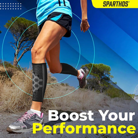 Runner wearing black XL calf compression sleeve for men and women, unisex leg support for recovery, shin splint pain relief, air travel comfort.