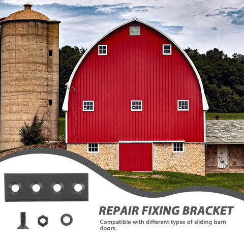 Sturdy Black Sliding Barn Door Hardware Connector Set With Metal Track And Replacement Bracket shown with red barn backdrop