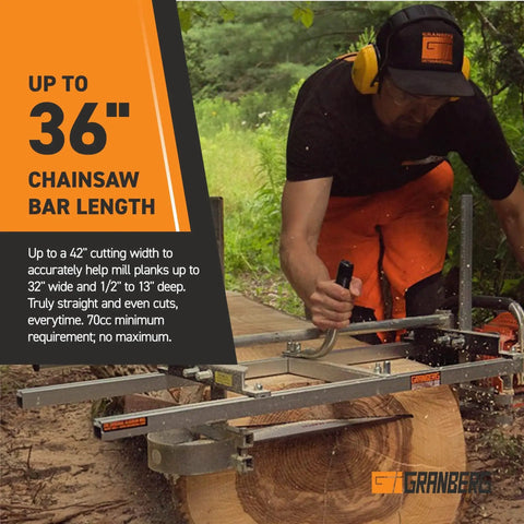 Person using Portable 36 Inch Chainsaw Mill For Lumber Milling Alaskan MKIV G778 36 Inch Timber Jig for cutting log on-site
