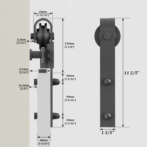 Diagram of Beefy Heavy Duty Carbon Steel Sliding Barn Door Hardware Kit With Bent Handrail And Swing Stop For 24 To 36 Inch Wide Doors In Black Matte Finish Built To Last And Supports Up To 176 Lbs with measurements and side view details