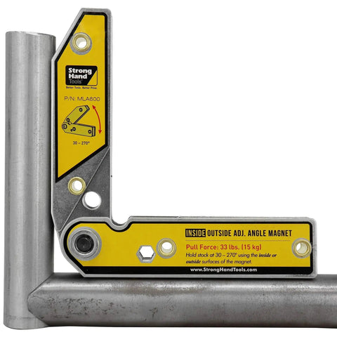 Adjustable Angle Magnetic Welding Square With Inside And Outside Magnets, 6 Inch Fixture For Sheet Metal And Pipes, 30 To 270 Degree Range, 33 Lb Pull, MLA600 By Strong Hand Tools, Heavy Duty Magnetic Square For Precise Fixturing And Metal Fabrication shown holding metal pipes