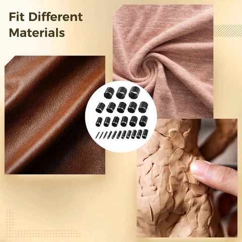 25 Piece Leather Circle Cutter Tool Set With 0.04 to 0.98 Inch Round Hole Dies for fabric and clay, shown with leather and clay materials