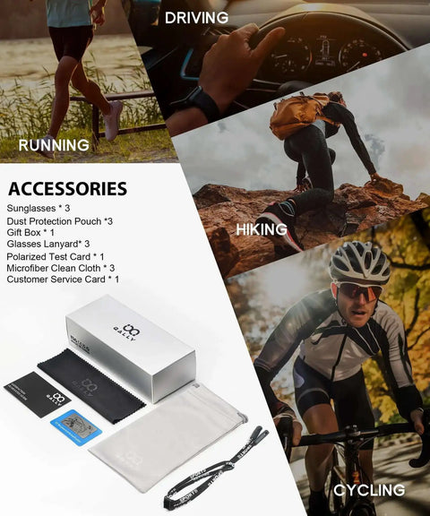 Polarized Sunglasses For Men With UV400 Protection For Fishing Driving Running Cycling And Outdoor Sports Reducing Glare For Clear Vision All Day Comfort And Style, shown with accessories including dust pouch and gift box.