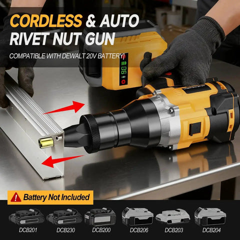 Cordless Rivet Nut Gun For Dewalt 20V Max Battery With Auto Mode And Memory in use on metal panel, battery not included