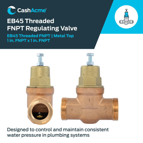 Cash Acme EB45 pressure regulating valve, 1 in FNPT, brass body with metal top; two units shown.
