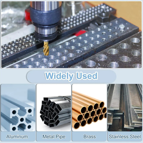Drilling machine using 3/8-16 UNC Spiral Flute Thread Taps Set For Quick Machining And DIY Repair Titanium Coated 6542 High Speed Steel on aluminum plate, metal pipe, brass, stainless steel.