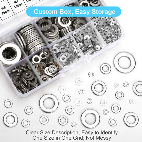 304 stainless steel flat washer set, 800 pcs in 9 sizes (M2–M12) in a clear plastic organizer box