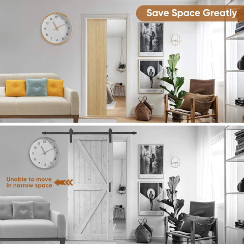Comparison of rooms with a No-Fuss Pocket Door Frame Kit For 2x4 Walls, 36 By 96 Inches, and a traditional sliding door.