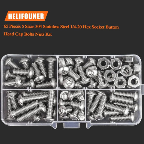 65 Piece Socket Cap Screws Set In Five Sizes 1/4-20 X 3/8 Inch 1/2 Inch 5/8 Inch 3/4 Inch And 1 Inch 304 Stainless Steel Button Head UNC Thread in a plastic organizer case