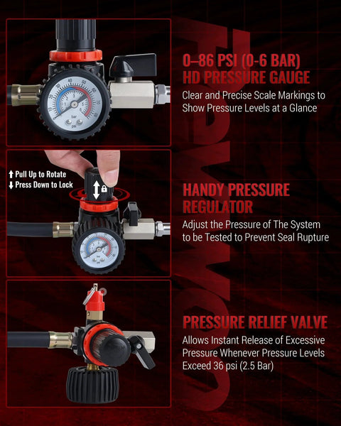 Close-up of Turbo Boost Leak Tester Kit for Cars and Light Trucks, showcasing pressure gauge, regulator, and relief valve.