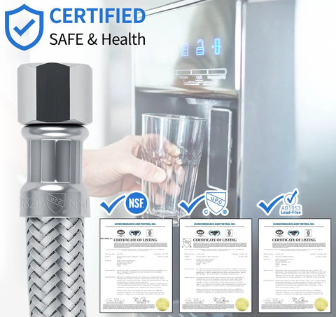 Refrigerator water line kit, 12 ft, stainless steel braided line with PEX inner hose and 1/4 in compression fittings
